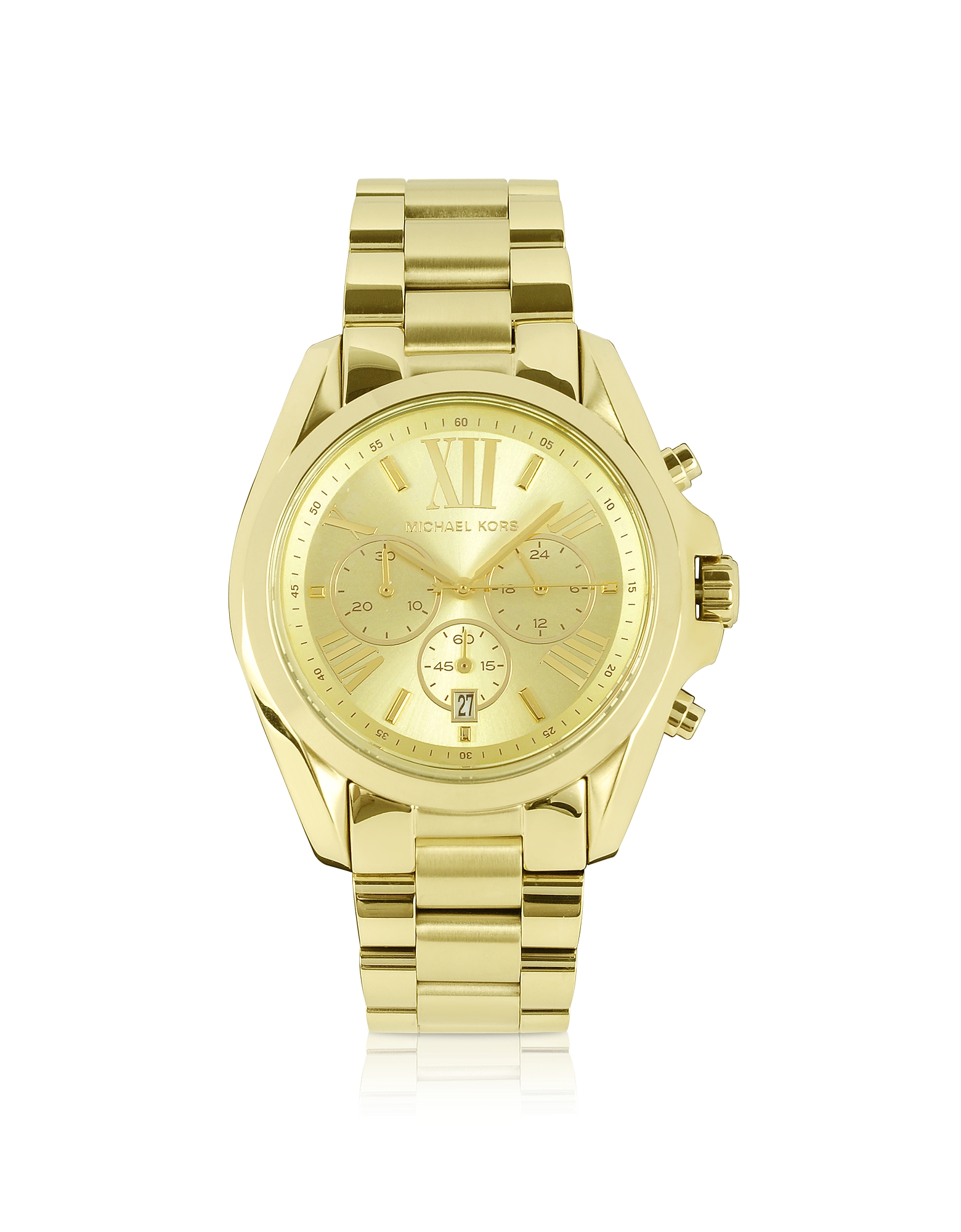 Gold-toned Michael Kors MK5605 Bradshaw chronograph watch featuring a textured dial, Roman numerals, and a polished metal bracelet.