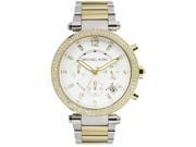 Gold and silver-tone stainless steel chronograph watch with a white dial, sparkling bezel, and three sub-dials, featuring a classic link bracelet.