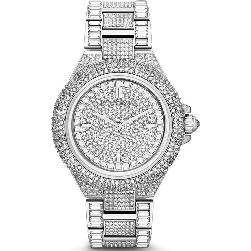 Silver ladies watch featuring a sparkling crystal-encrusted bezel and bracelet, with a textured dial and silver-tone hands, showcasing a luxurious and elegant design.