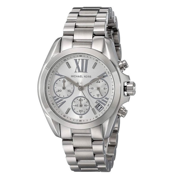 Silver stainless steel Michael Kors Bradshaw MK6174 watch featuring a round face, Roman numeral markers, chronograph sub-dials, and a polished bracelet strap.