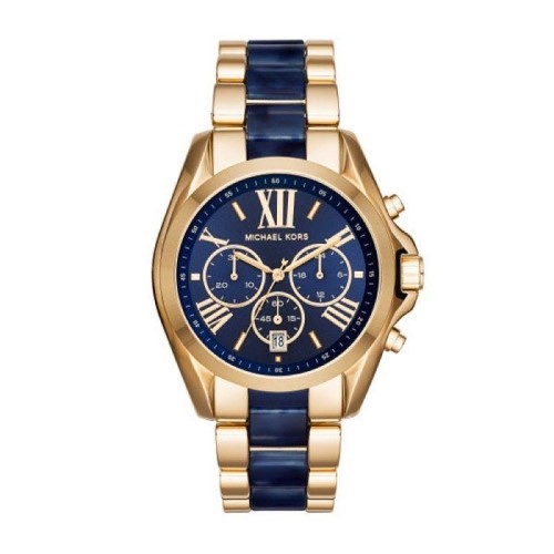 Gold-tone stainless steel chronograph watch with a navy blue dial, featuring large Roman numerals, three sub-dials, and a date display, complemented by a blue ceramic bracelet.