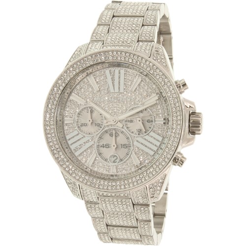 Silver-tone Michael Kors MK6317 chronograph ladies watch featuring a sparkling diamond-encrusted bezel, Roman numeral markers, and a textured bracelet.