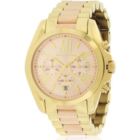 Gold-tone stainless steel chronograph watch with a pink dial, Roman numerals, three sub-dials, and a two-tone bracelet featuring gold and blush links.
