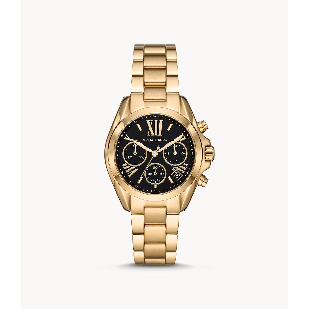 Gold-tone stainless steel chronograph watch with a black dial, featuring Roman numerals, three sub-dials, and a date display, secured with a matching bracelet.