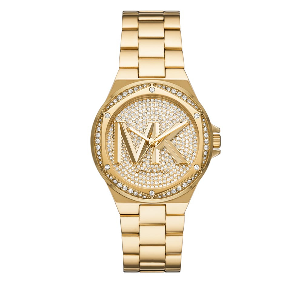 Gold-tone Michael Kors MK7229 Lennox ladies watch featuring a sparkling crystal-encrusted dial, oversized MK logo, and a sleek metal bracelet.