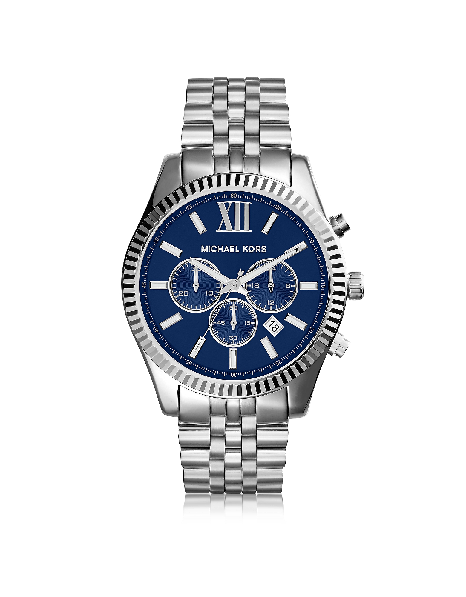 Silver stainless steel watch featuring a blue dial, chronograph functions, silver hour markers, and a date display, complemented by a polished link bracelet.