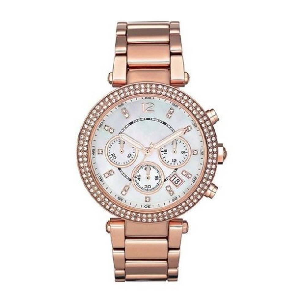 Michael Kors Parker MK5820 women's chronograph watch features a 39mm white dial, rose gold-tone stainless steel bracelet, and a sparkling bezel with three sub-dials.