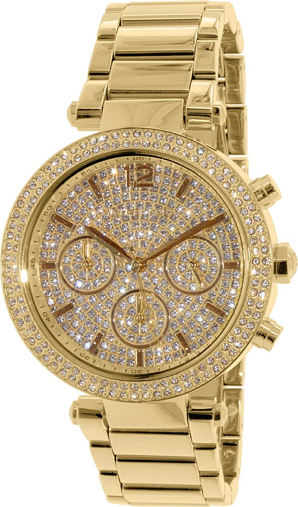 Michael Kors Parker MK5856 women's chronograph watch features a 39mm gold dial with sparkling crystal accents, surrounded by a gold-tone stainless steel bracelet.