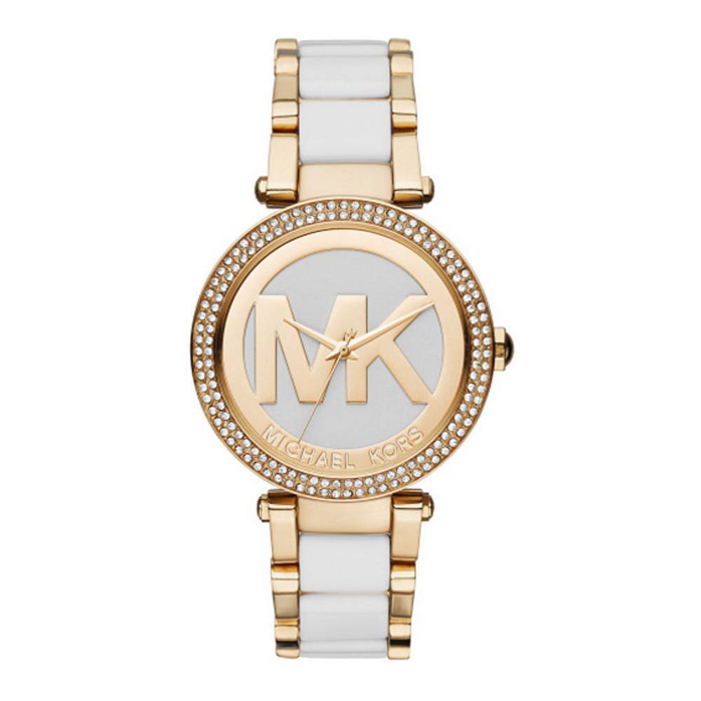 Gold-tone and white acetate women's watch featuring a round face with a large "MK" logo, surrounded by a sparkling bezel and a stylish bracelet strap.