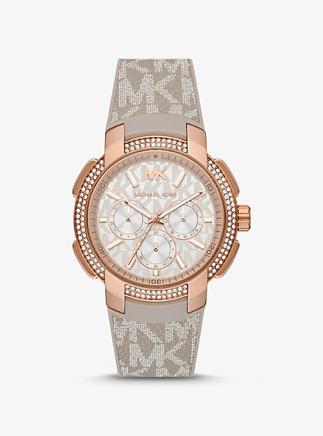Michael Kors Sidney MK6949 women's multifunction watch features a 42mm white logo dial, rose gold-tone accents, and a sand PVC strap with a stylish logo pattern.