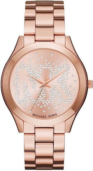 Rose gold women's watch featuring a 42mm case, crystal-studded logo dial, and a sleek steel bracelet for a stylish, elegant look.