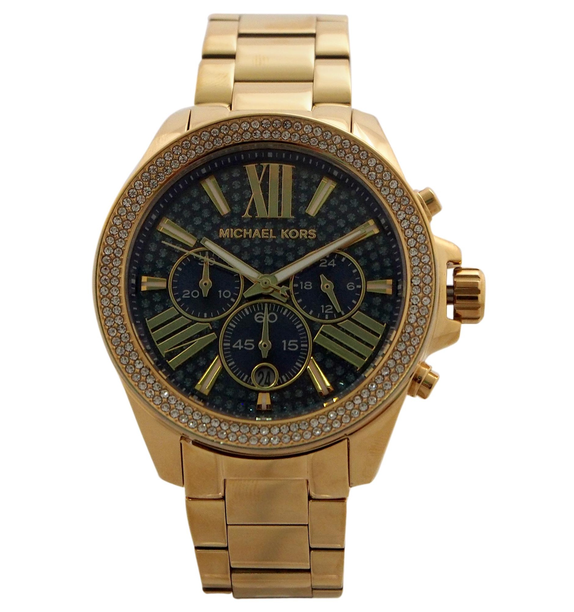 Gold-tone Michael Kors Wren MK6291 chronograph watch featuring a 41.5mm blue crystal pavé dial, Roman numerals, and a matching gold-tone bracelet.