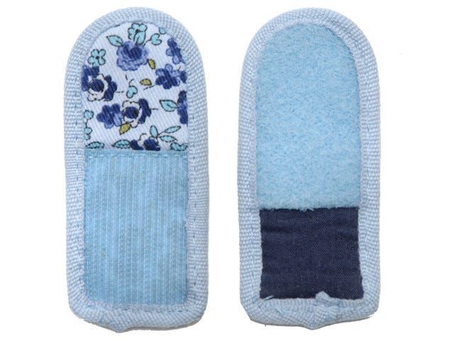 Milly Strap Extensions by Cosyfeet feature a floral fabric in blue and white, complemented by soft blue and dark blue textured materials for added comfort.