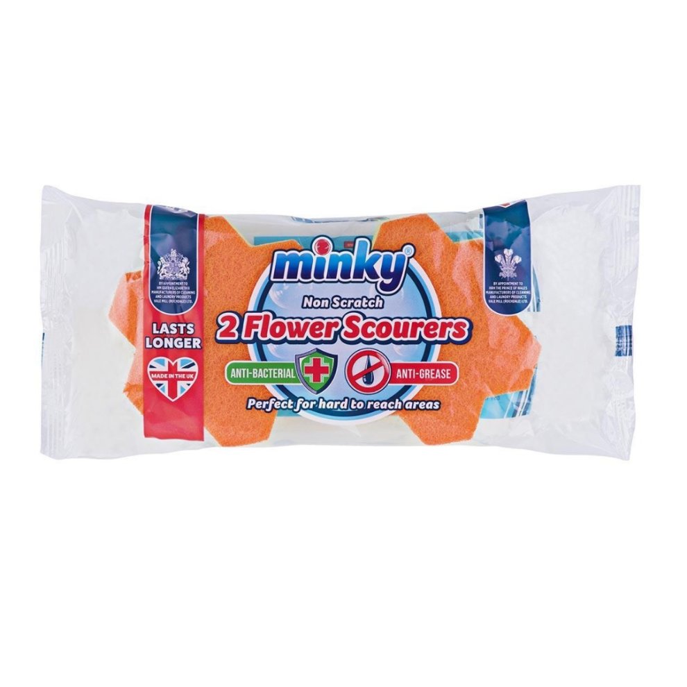 Two orange flower-shaped scourers packaged in clear plastic, labeled "Minky Non Scratch," featuring anti-bacterial and anti-grease properties, ideal for hard-to-reach areas.