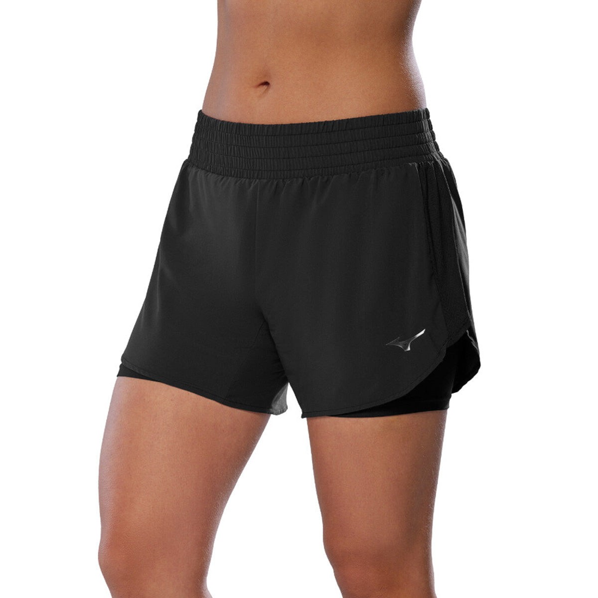 Mizuno women's 2-in-1 running shorts in black, featuring a lightweight material, elastic waistband, and side slits for enhanced mobility, size L.