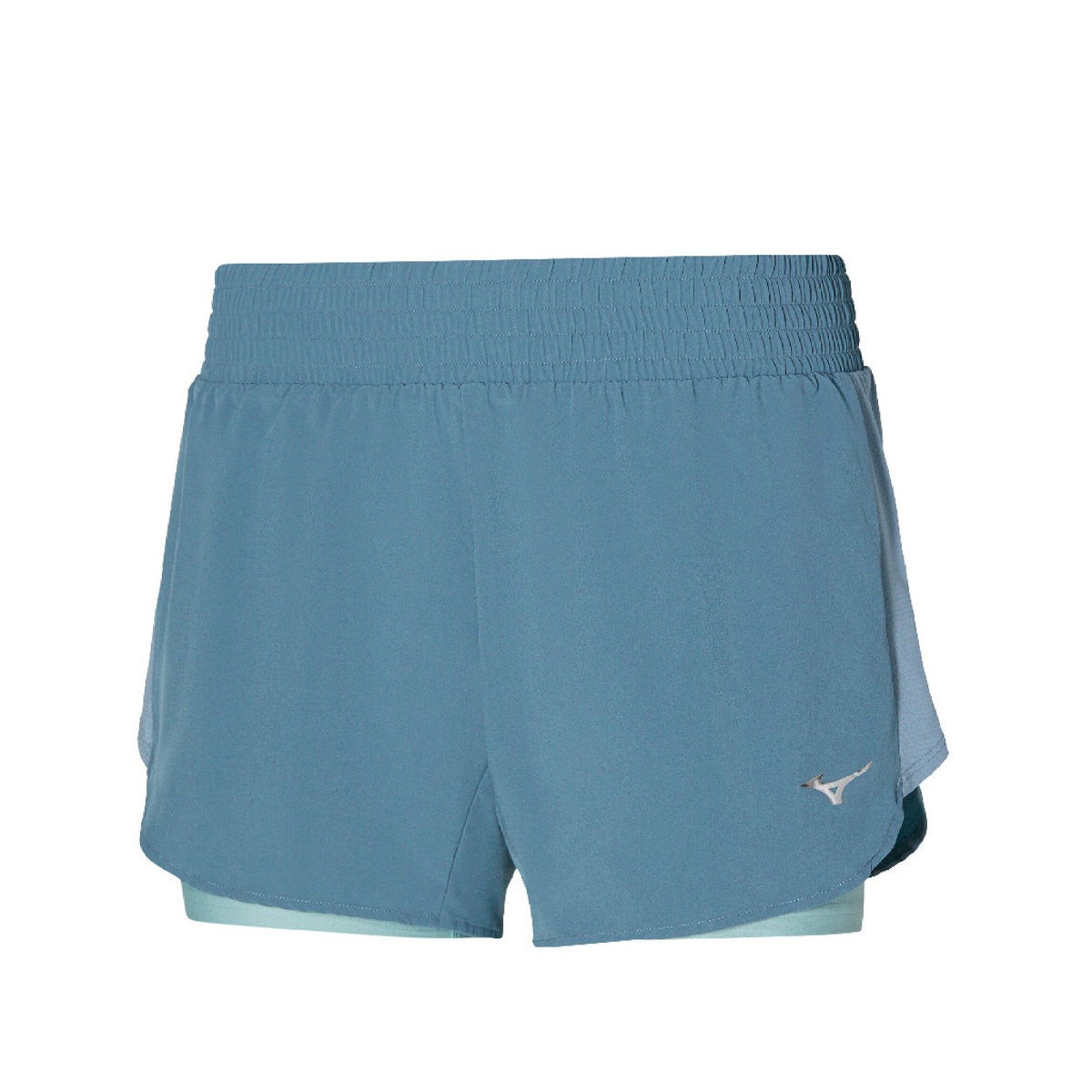 Light blue Mizuno 2-in-1 women's shorts featuring a stretchy waistband, layered design, and the Mizuno logo on the left side.