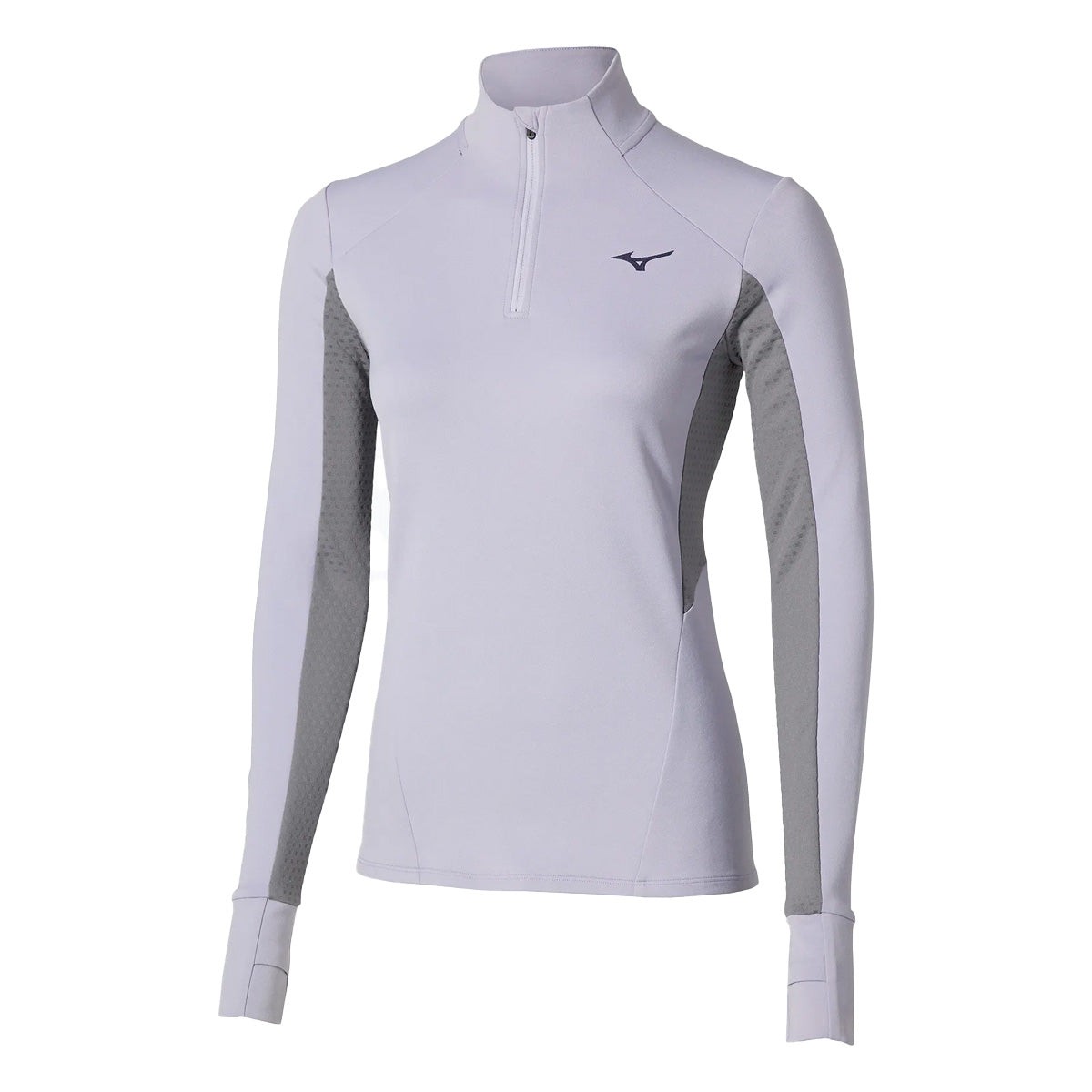 Icelandic blue Mizuno Active Warmalite 1/2 zip long sleeve top for women, featuring a fitted design, breathable fabric, and thumbholes for added comfort. Size M.