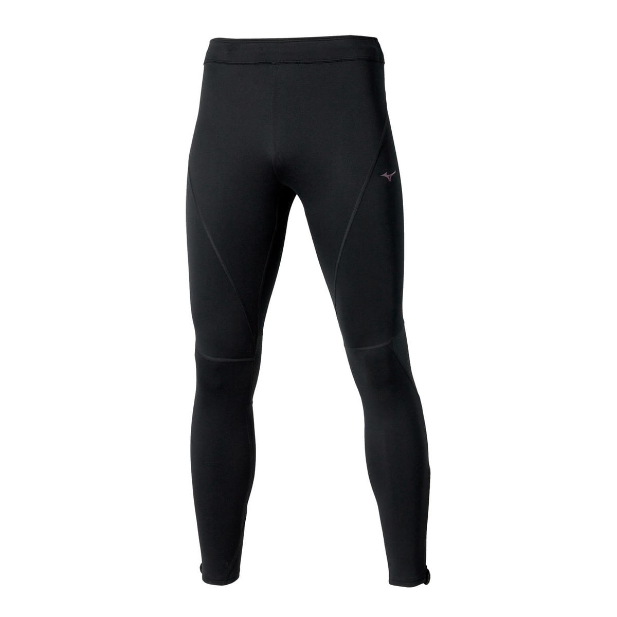 Mizuno Active Warmalite long tights for men in black, featuring a snug fit, stretchy material, and subtle pink logo on the side, ideal for active wear.