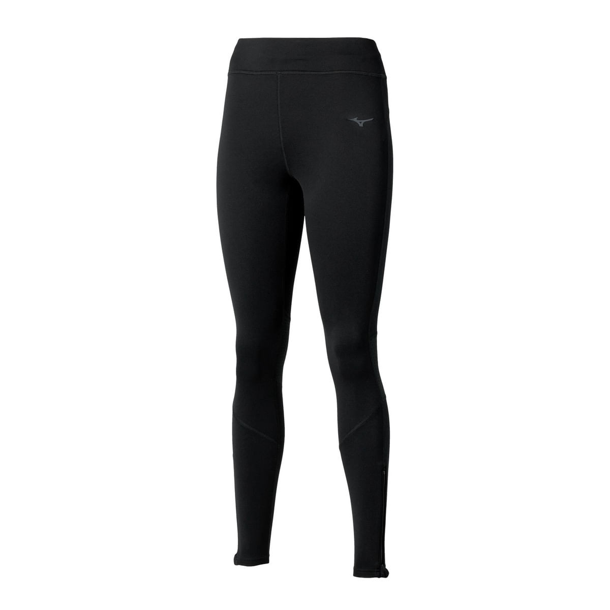 Mizuno women's long tights in black, featuring a sleek design, warmalite material for insulation, and a comfortable waistband, ideal for active wear.