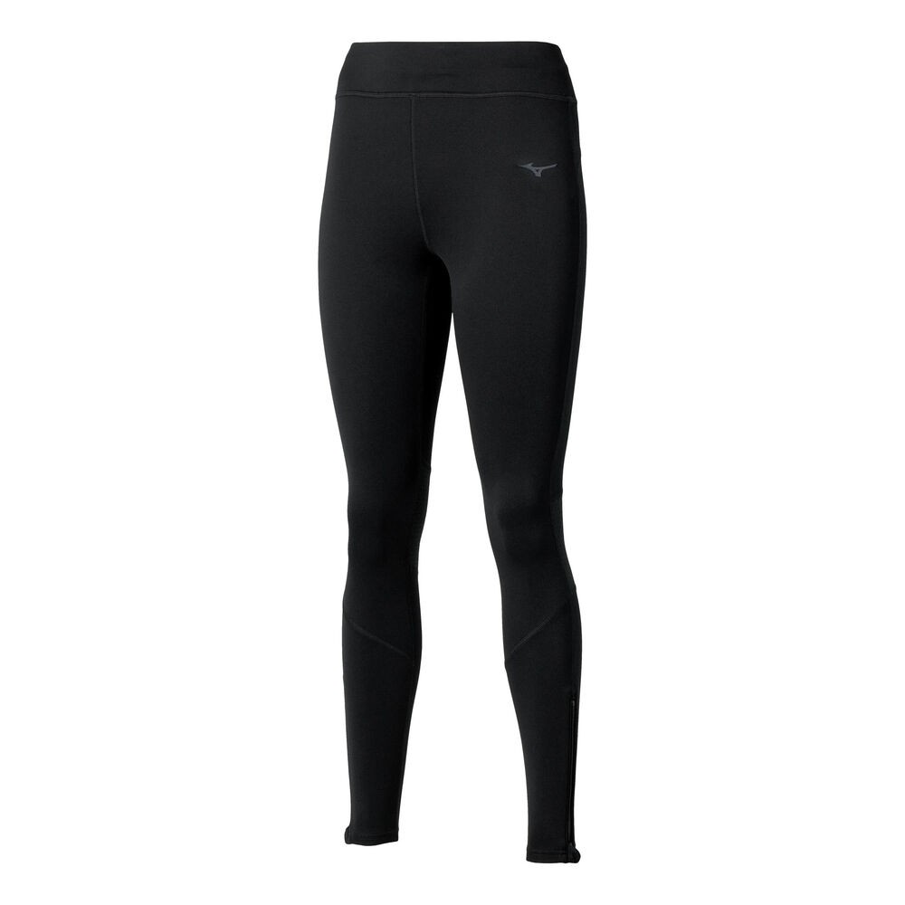 Black Mizuno Active Warmalite long tights for women, featuring a sleek design, stretchy material, and a comfortable fit, available in size XL.