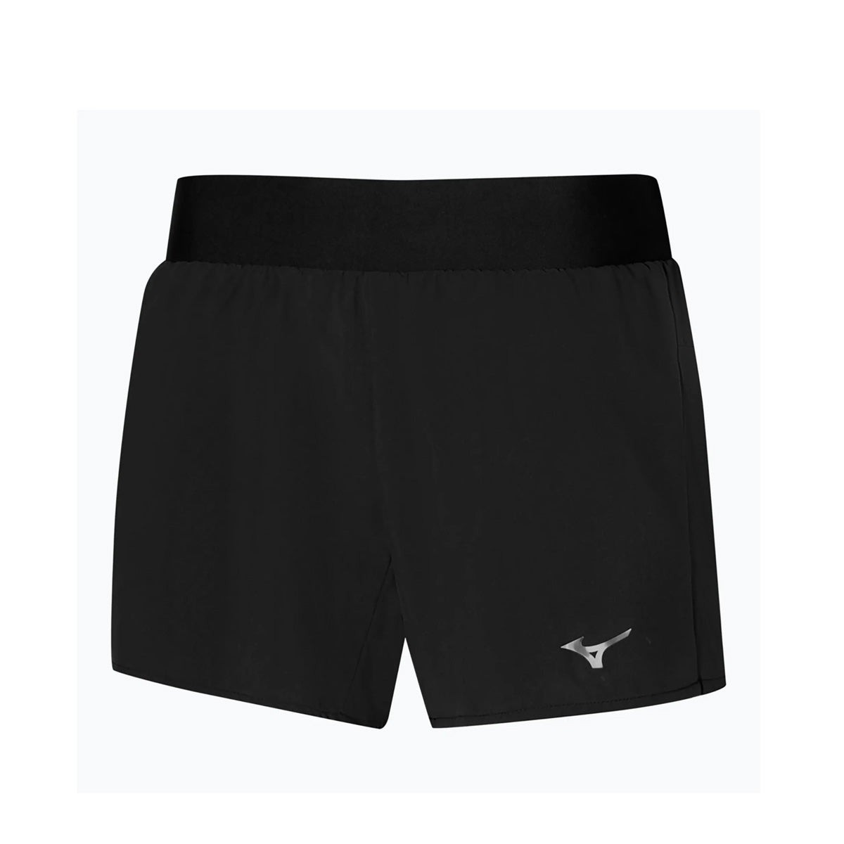 Black Mizuno Alpha 4.5" women's shorts in size XS, featuring a lightweight fabric, elastic waistband, and a reflective Mizuno logo on the lower left side.