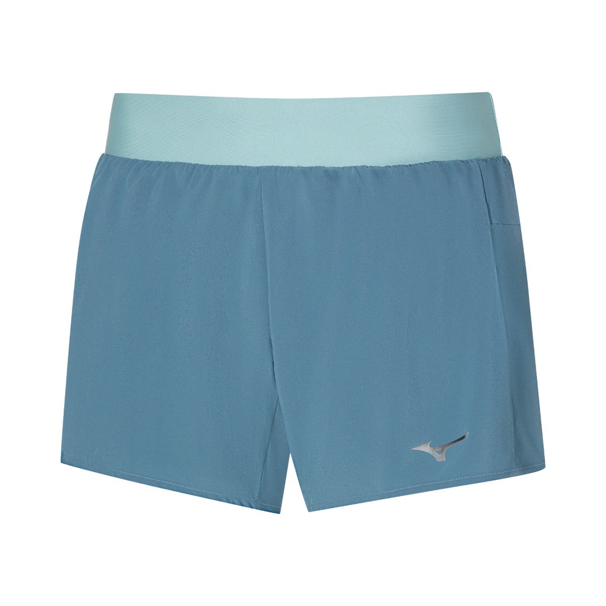 Light blue Mizuno Alpha 4.5" women's shorts with a soft waistband, featuring a small logo on the lower left side and a pocket on the back.