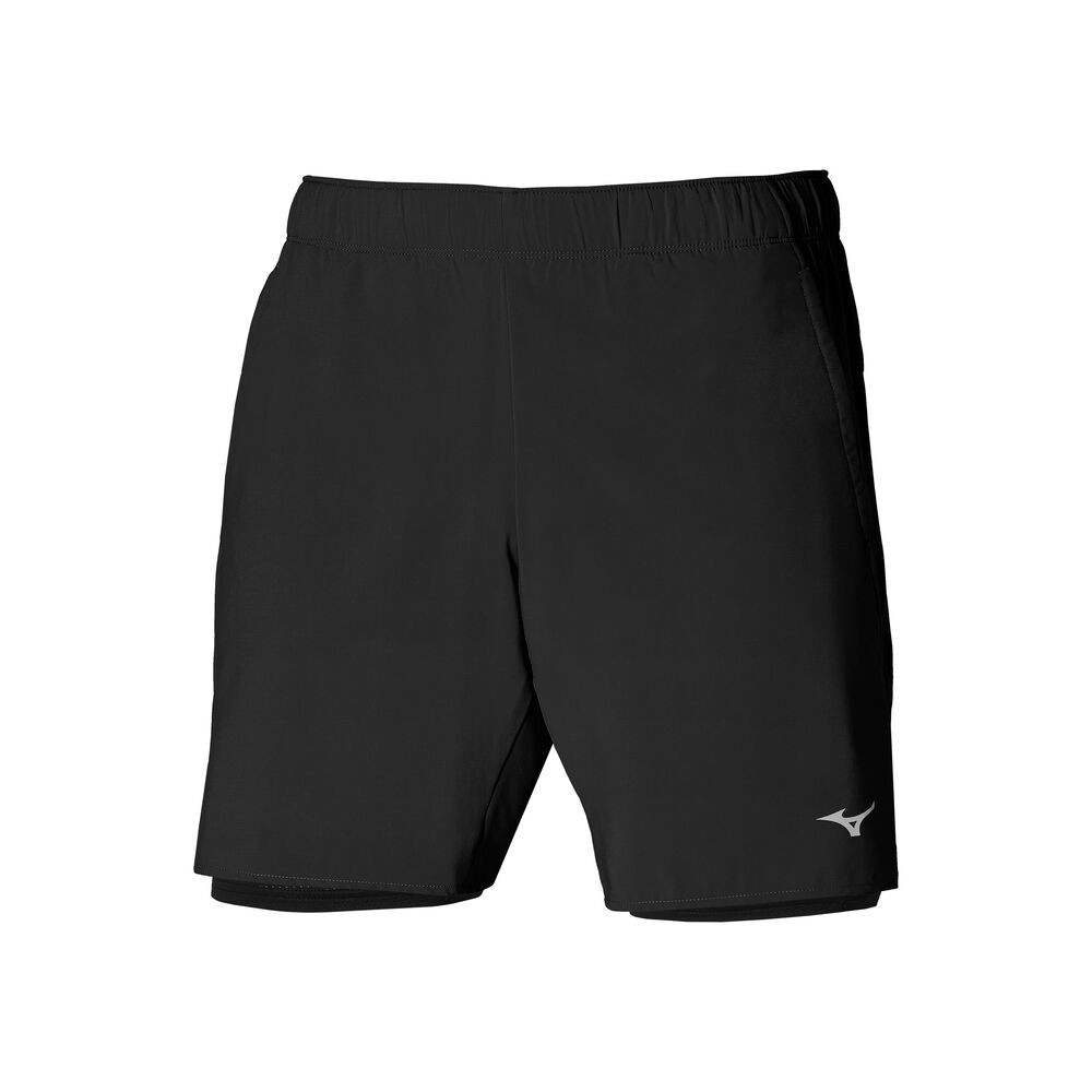 Black Mizuno Core 7.5" 2-in-1 shorts for men, featuring an elastic waistband, lightweight material, and a subtle Mizuno logo on the front.