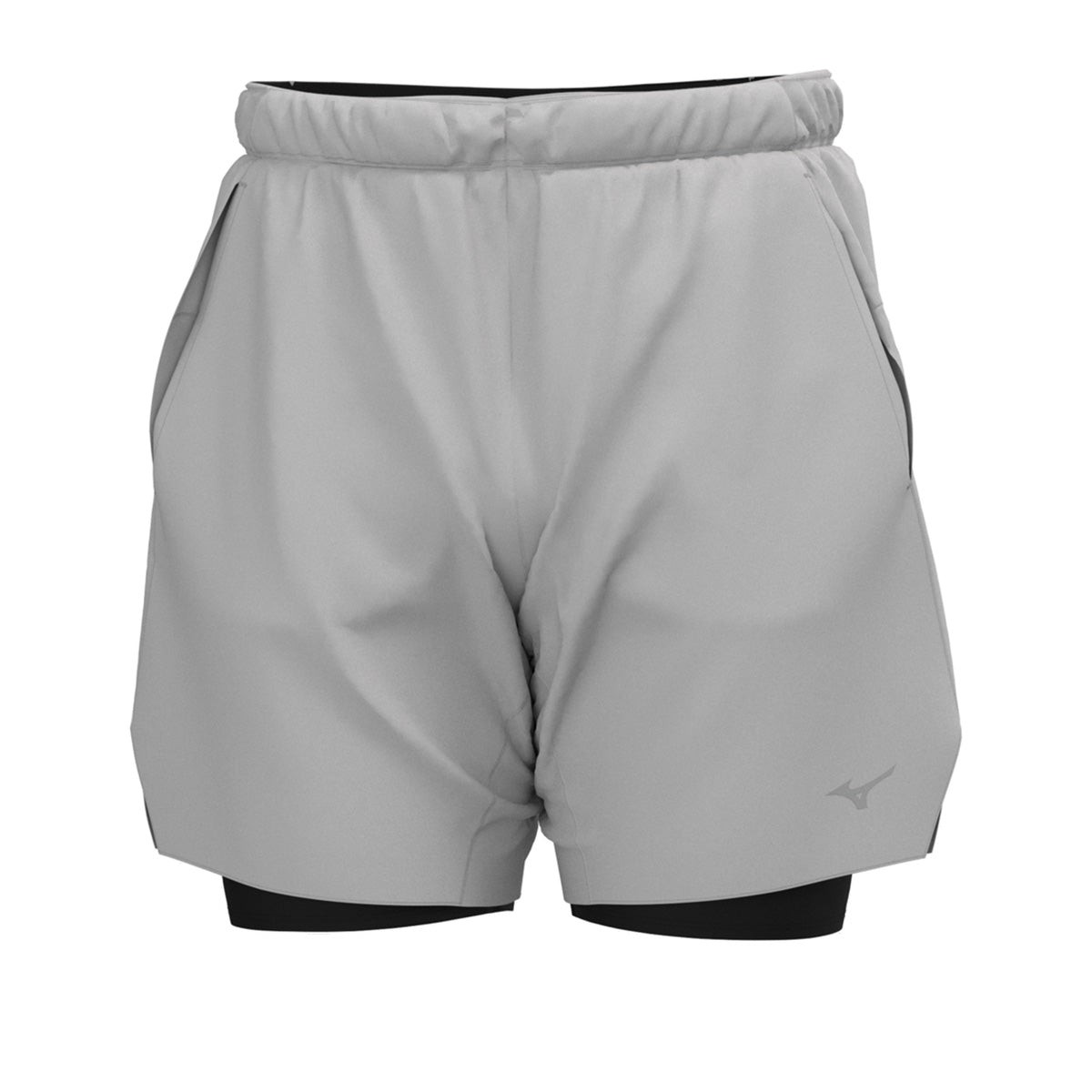 Light gray 2-in-1 shorts featuring an elastic waistband, side pockets, and a black inner layer, designed for comfort and performance by Mizuno.