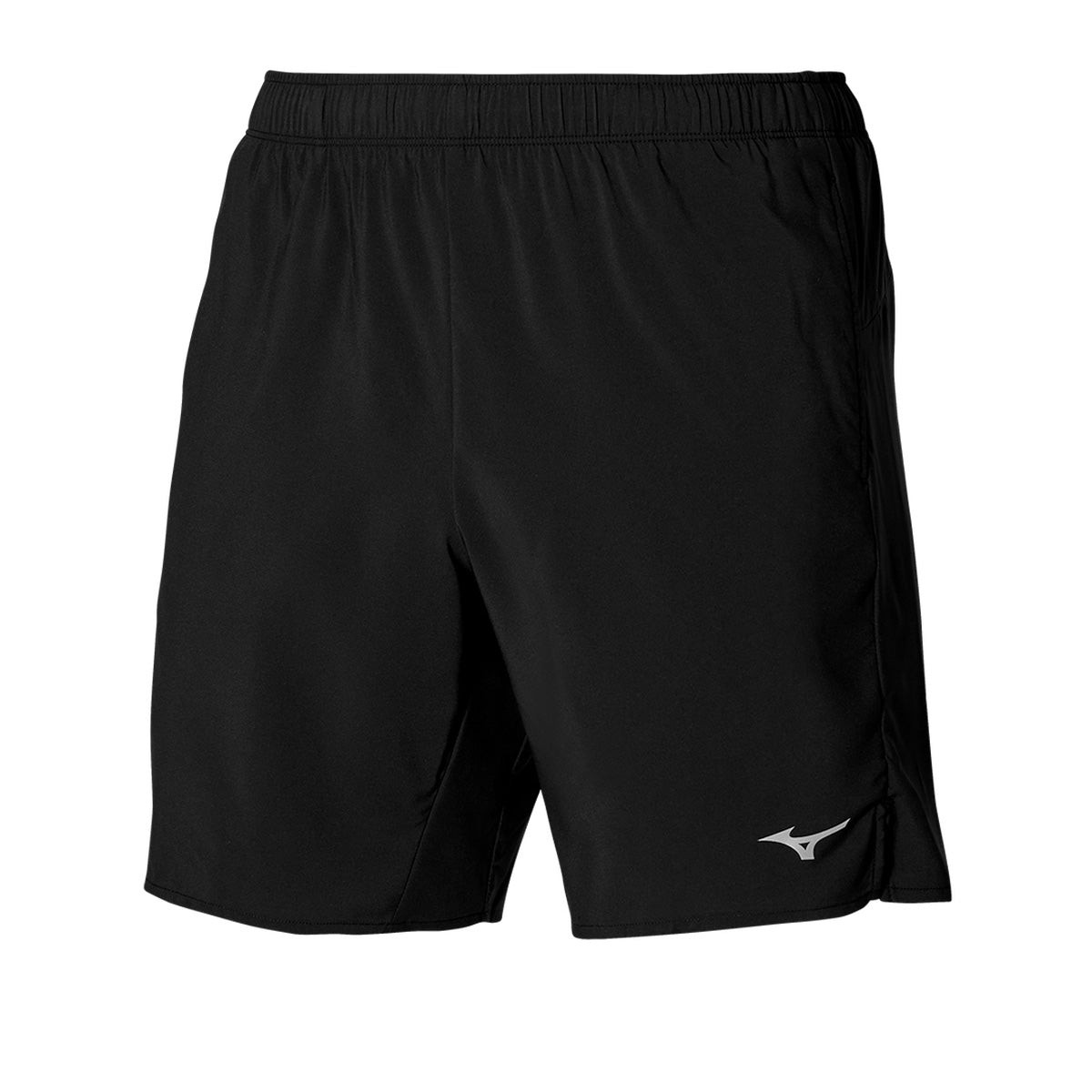 Black Mizuno Core 7.5-inch men's shorts made from lightweight material, featuring an elastic waistband and a reflective Mizuno logo on the lower left side.
