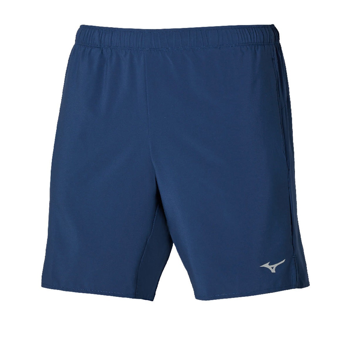 Blue Mizuno Core men's shorts, 7.5 inches in length, made from lightweight material with an elastic waistband and a reflective logo on the lower right side.