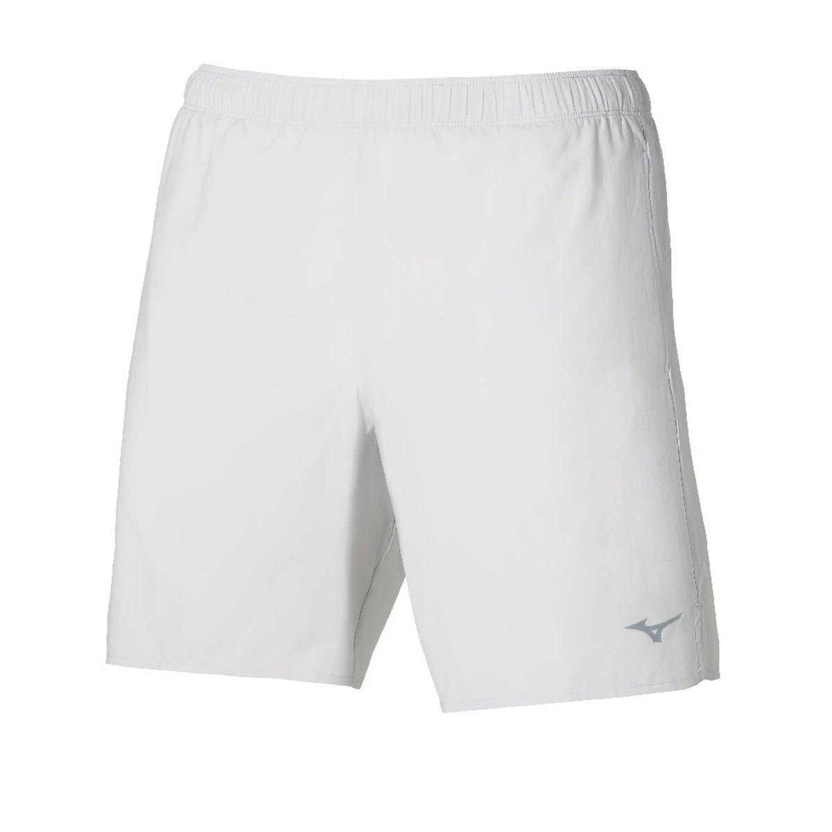 White Mizuno Core 7.5-inch men's shorts in XXL, featuring an elastic waistband and a subtle Mizuno logo on the lower left leg.