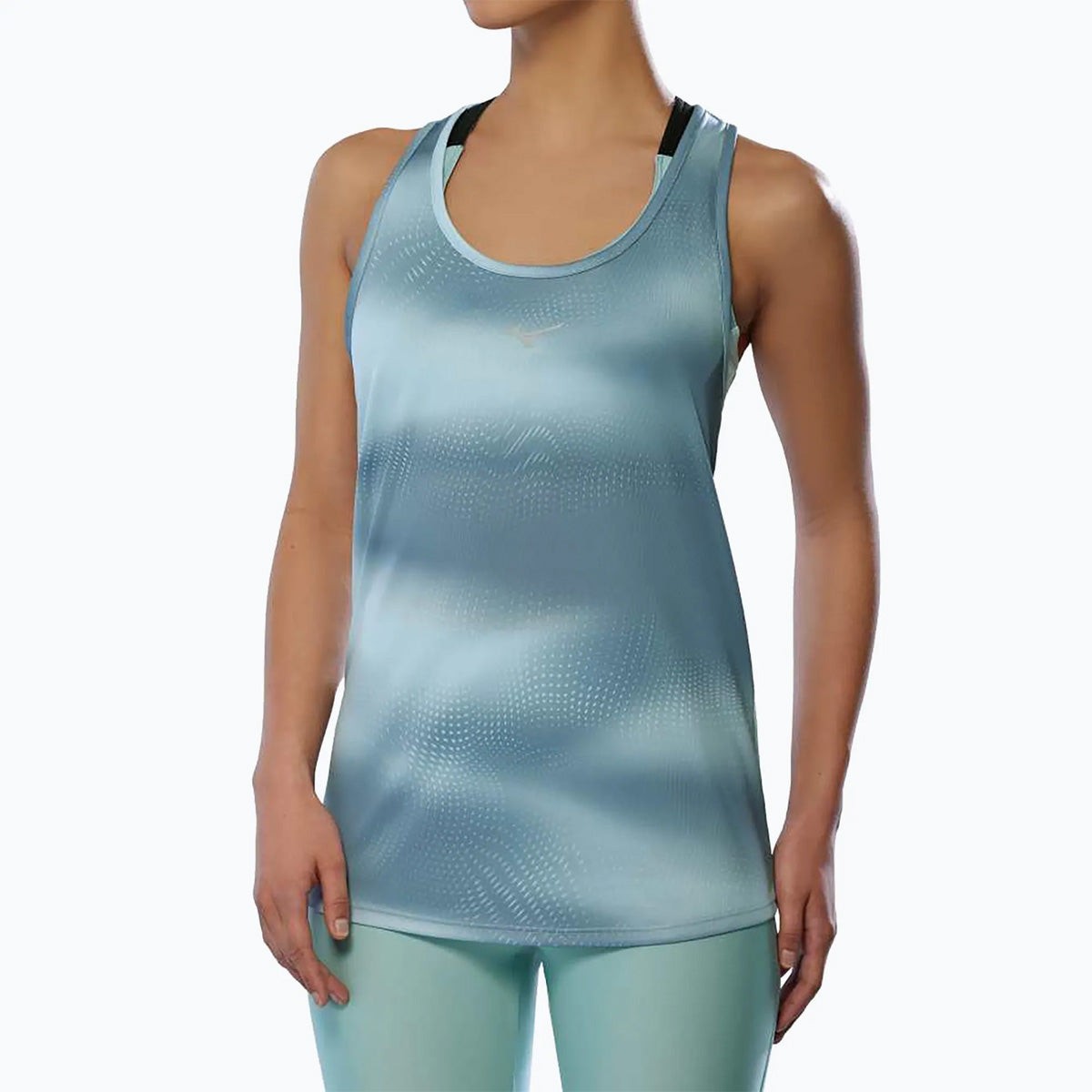 Light blue Mizuno Core Graphic Tank for women, featuring a smooth, breathable fabric with a subtle graphic pattern, designed for comfort and performance in size XS.