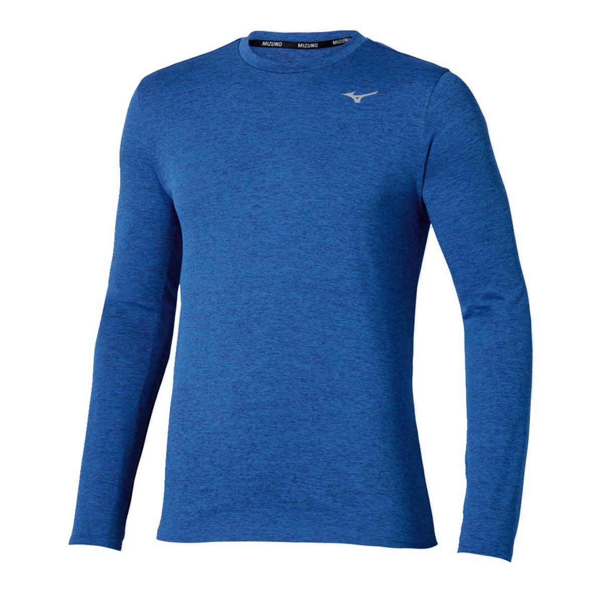 Sodalite blue long sleeve tee for men by Mizuno, featuring a soft, breathable fabric and a subtle logo on the chest, ideal for athletic wear.