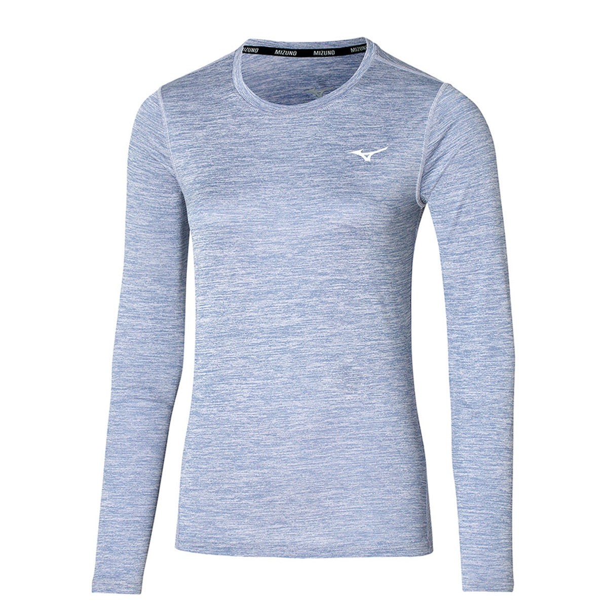 Long-sleeve women's tee in Iris Bloom purple, featuring a lightweight, breathable fabric with a round neckline and Mizuno logo on the chest.