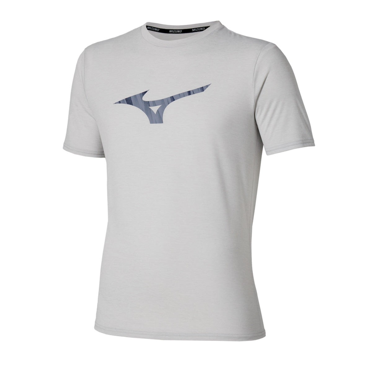 Light silver Mizuno Core RB Tee for men in size XL, featuring a large, stylized navy logo on the front and a comfortable, breathable fabric suitable for athletic wear.