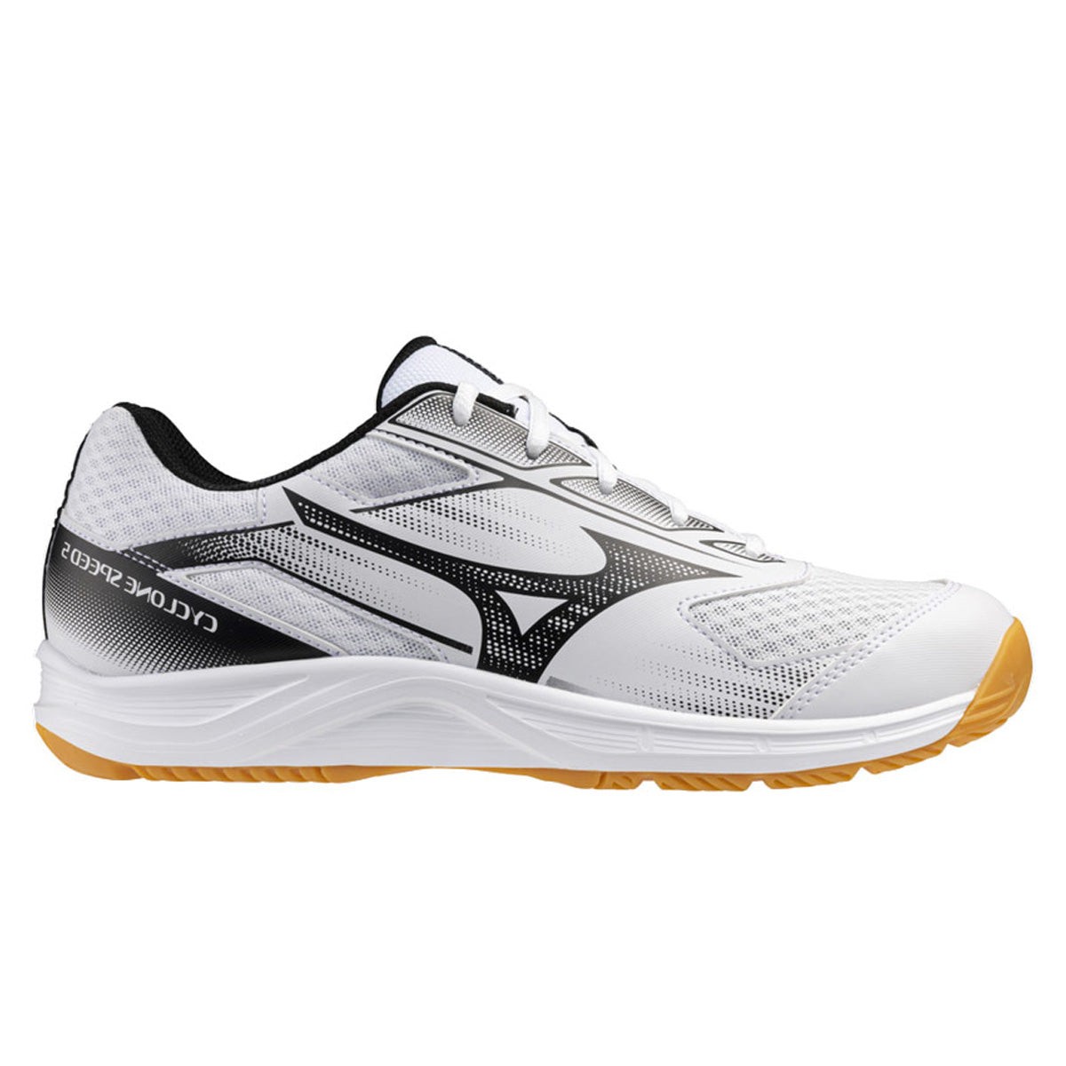 Mizuno Cyclone Speed 5 unisex shoes in white, black, and chamois, featuring a breathable mesh upper, sleek design, and gum rubber outsole, size 10.5.