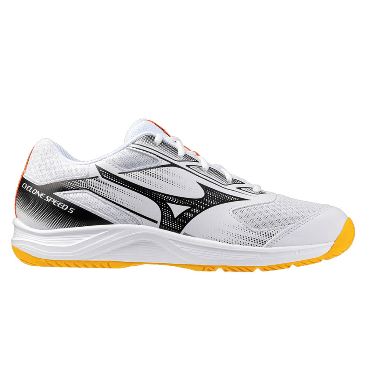 Mizuno Cyclone Speed 5 unisex shoes in white with fiery coral and citrus accents, featuring a breathable mesh upper and a durable rubber sole for enhanced performance.