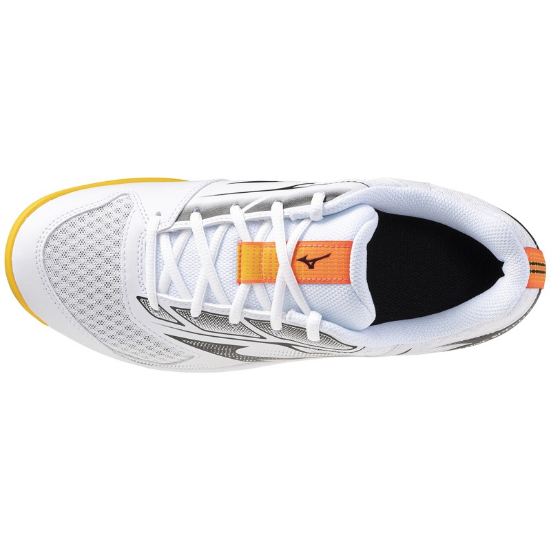 Mizuno Cyclone Speed 5 unisex shoes in white with fiery coral and citrus accents, featuring a breathable mesh upper, cushioned sole, and a sleek design.