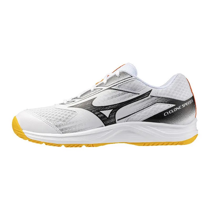 Mizuno Cyclone Speed 5 unisex shoes in white with fiery coral and citrus accents, featuring a lightweight mesh upper and a durable yellow rubber sole.