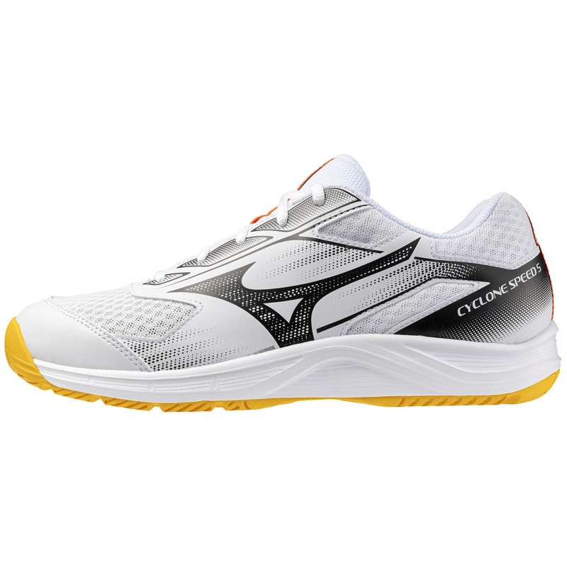 Mizuno Cyclone Speed 5 unisex shoes in white with fiery coral and citrus accents, featuring a breathable mesh upper and a durable rubber sole for enhanced traction.