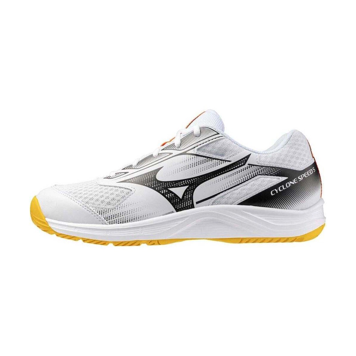 Mizuno Cyclone Speed 5 unisex shoes in white with fiery coral and citrus accents, featuring a breathable mesh upper, sleek design, and a durable yellow outsole.