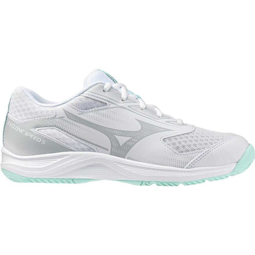 Mizuno Cyclone Speed 5 women's shoes in white and blue tint, featuring a breathable mesh upper, cushioned sole, and sleek design, size 5.5.