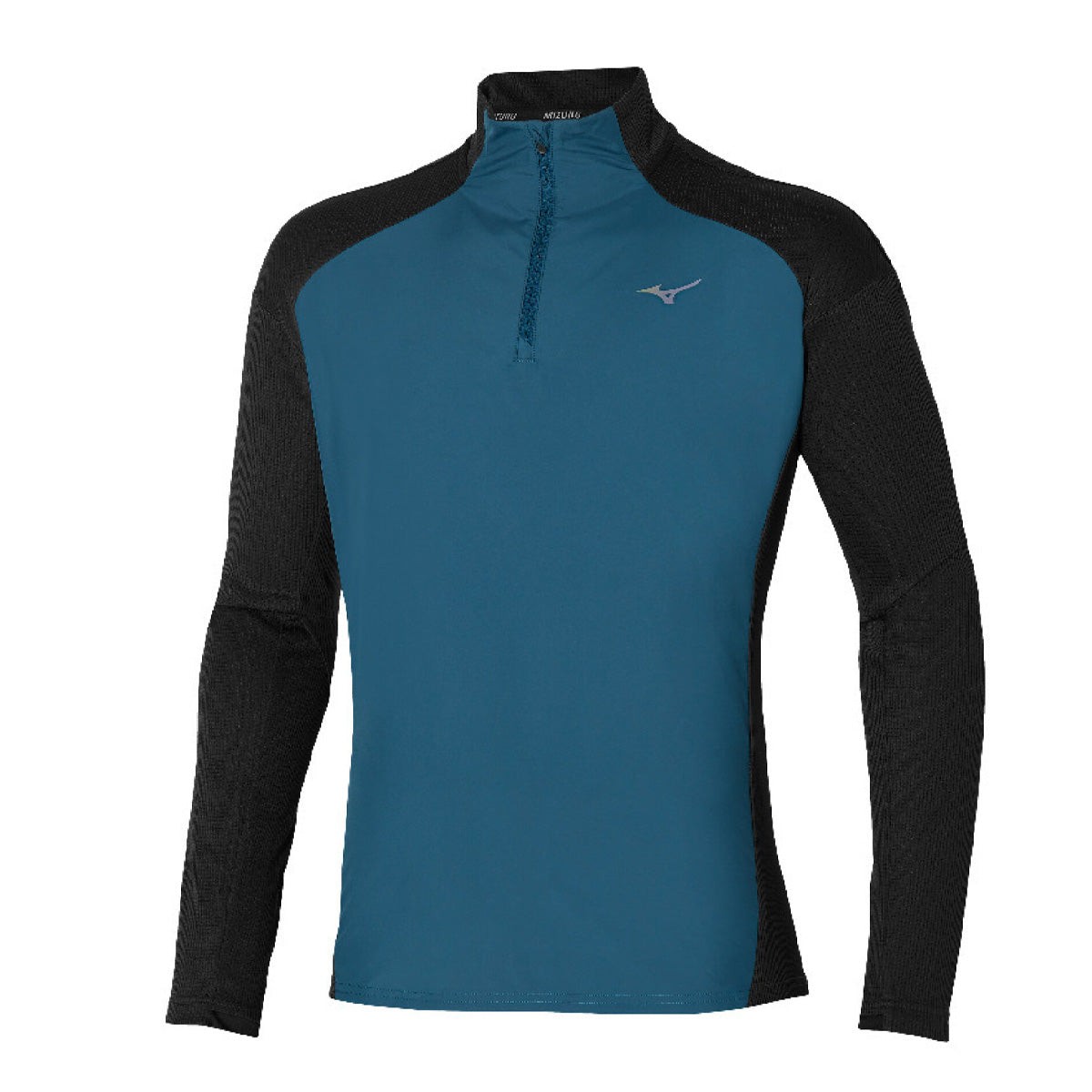 Mizuno men's hybrid long-sleeve tee in black and blue wing teal, featuring a quarter zip, long sleeves, and a lightweight, breathable fabric.