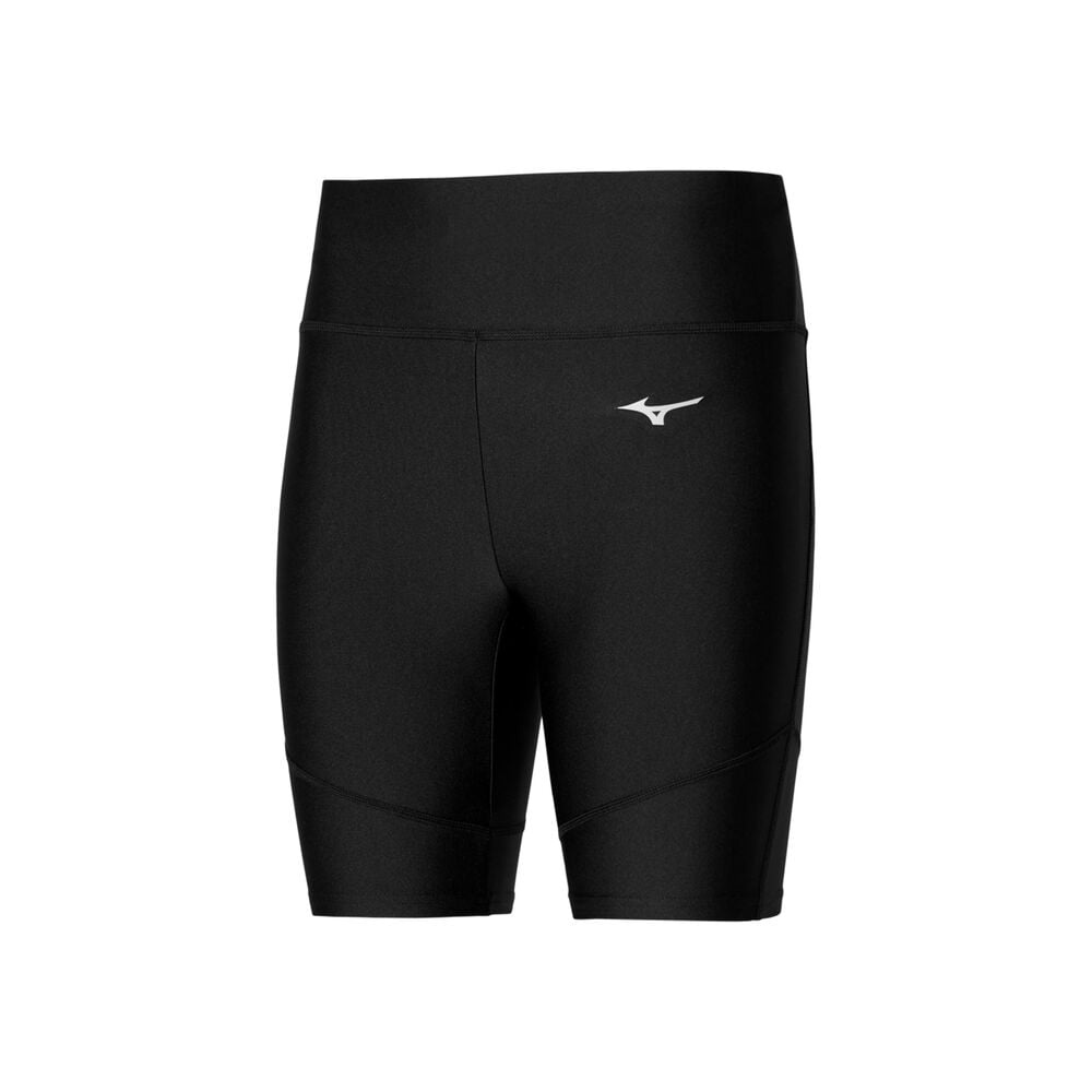 Black Mizuno Impulse Core Mid Tight for women, featuring a sleek design, stretchy fabric, and a comfortable high waistband, ideal for athletic activities.