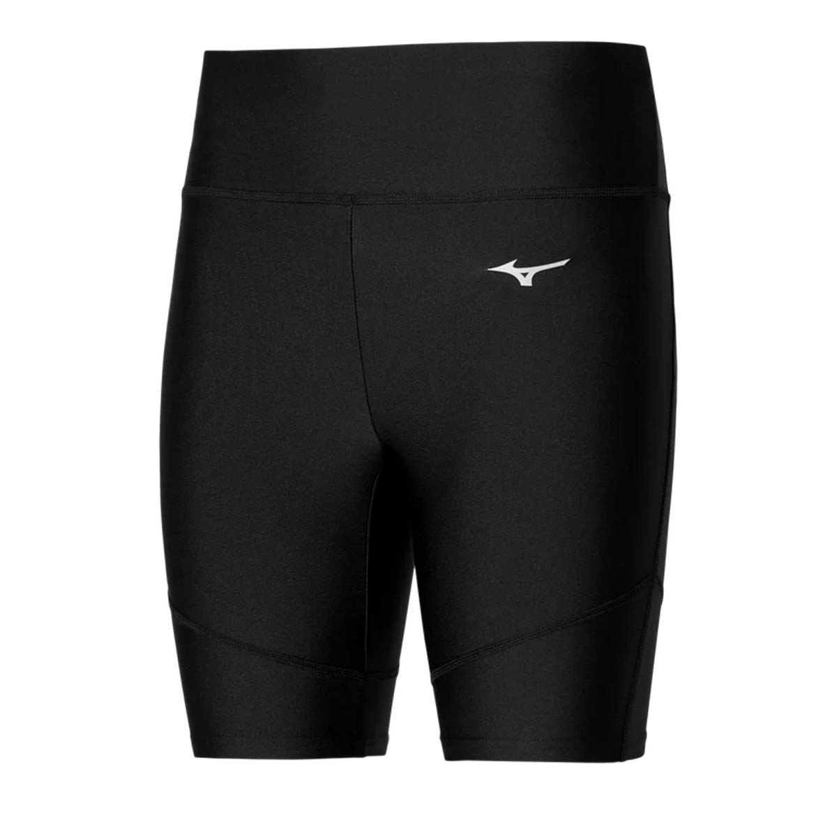 Black mid-length tights by Mizuno, featuring a sleek design, elastic waistband, and the Mizuno logo in white on the left thigh, suitable for women's activewear.