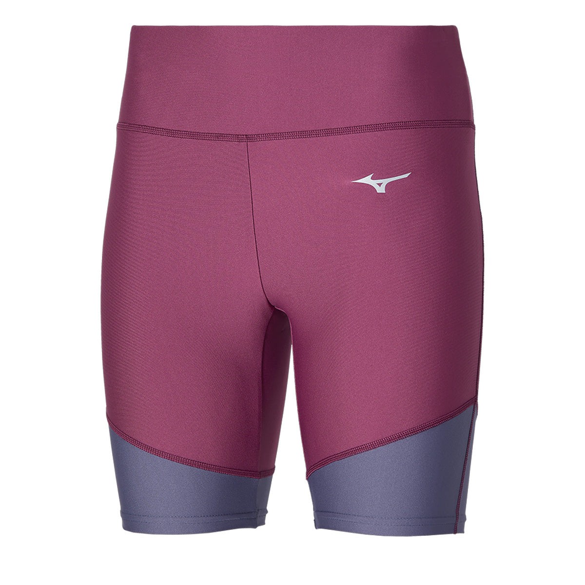 Violet quartz mid-length tights featuring a sleek, stretchy material with contrasting gray panels and a Mizuno logo on the left thigh.