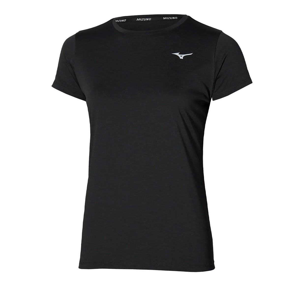 Black Mizuno Impulse Core Tee for women, featuring a crew neckline, short sleeves, and a subtle Mizuno logo on the chest, made from lightweight, breathable material.