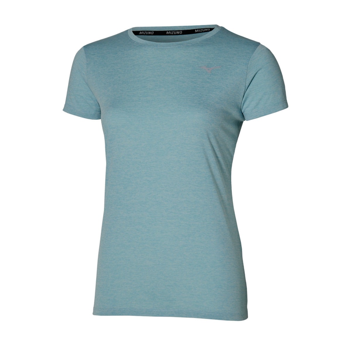 Light blue Mizuno Impulse Core Tee for women, featuring a classic crew neck, short sleeves, and a soft, breathable fabric ideal for active wear.