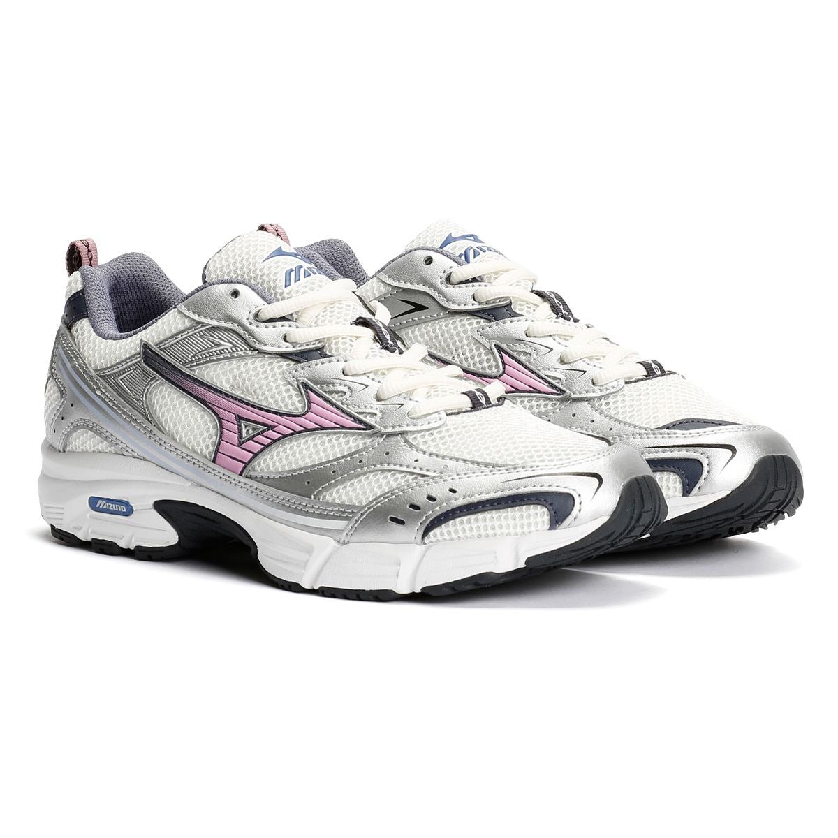 Mizuno MXR Sport trainers in snow white, lilac, and silver, featuring a breathable mesh upper, cushioned sole, and reflective detailing for enhanced visibility.