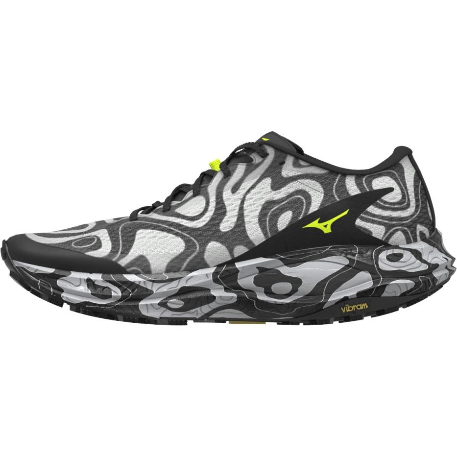 Unisex Mizuno Neo Accera running shoes in blue, featuring a lightweight mesh upper, cushioned sole, and a distinctive black and gray camouflage pattern with vibrant yellow accents.